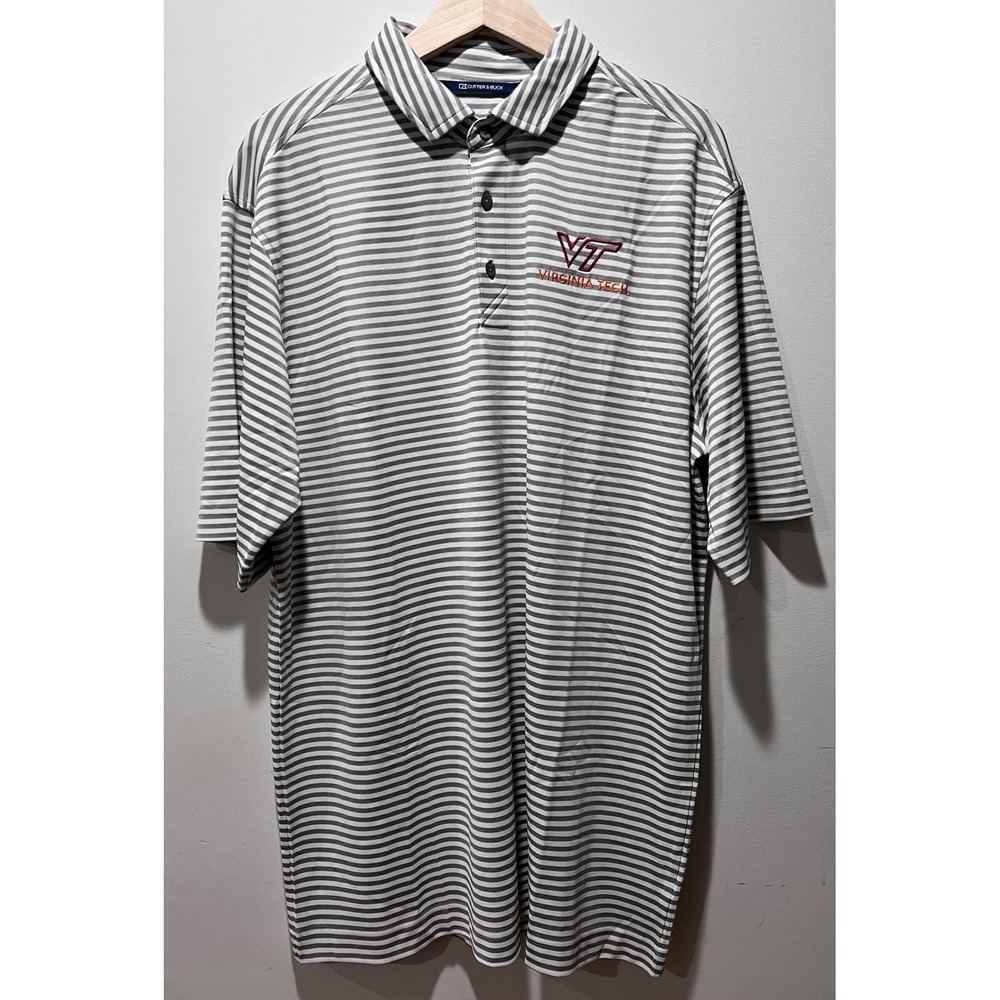CUTTER & BUCK VIRGINIA TECH HOKIES MENS GREY VIRTUE ECO PIQUE STRIPE‎ POLO LT